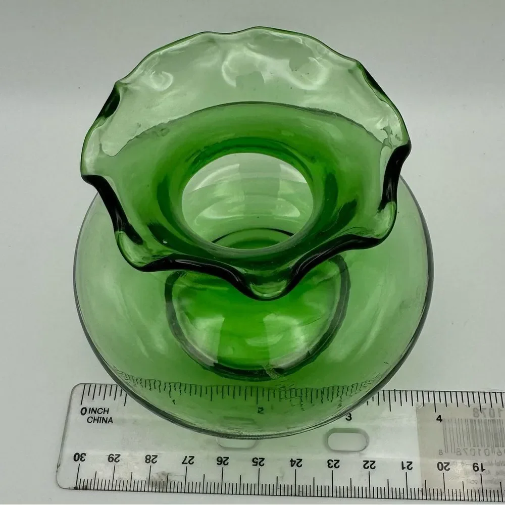 Vintage Anchor Hocking Green Glass Mini Vase 3 Inch with Crimped Rim